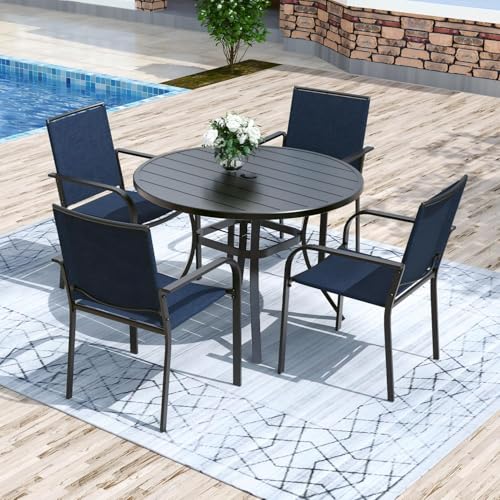 Image of Anmutig 5-Piece Outdoor Dining Set 41-Inch Round Table with 4 Stackable Chairs Navy and Black All-Weather Furniture Set for Lawn Deck Backyard