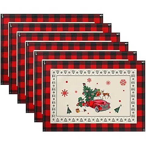LOMOHOO Christmas Placemats Sets,6PCS Christmas Table Mats Coasters,Reindeer Table Mats,Snowflake Christmas Placemats for Christmas Dining Table Decoration (Cotton and Linen) Cover