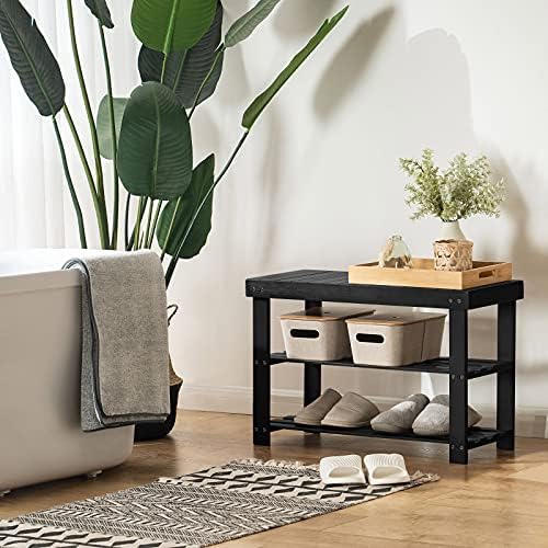 APICIZON Shoe Rack Bench with Seat, 3-Tier Bamboo Shoe Organizer, Rustic Hallway Small Storage Shelf for Living Room, Bathroom, Entryway, Black, 70 x 28 x 45 cm