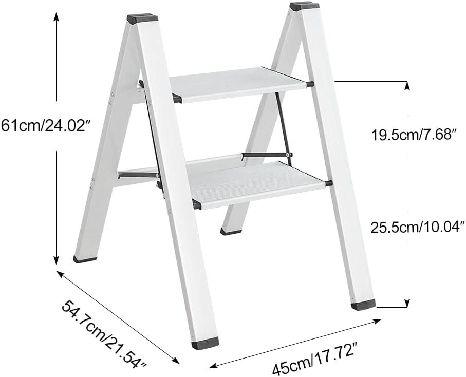 Hershii Step Ladder Folding Aluminium Step Stool Household Stepladder Space Saving Storage Shelf Rack with Wide Pedal for Home Kitchen Office Garage - Silver (2-Step)