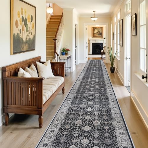 Hallway Washable Runner Rug - 3x16 Kitchen Rugs Entryway Rug Runner Vintage Soft Floor Mat Non Slip Indoor Farmhouse Carpet for Bathroom Living Room Bedroom (3 X 16, Black)