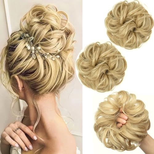 PORSMEER 2 Pieces Large Messy Hair Buns Extensions Curly Wavy Scrunchies Synthetic Chignon Ponytail Hair Extensions Thick Updo Hairpieces for Women Blonde