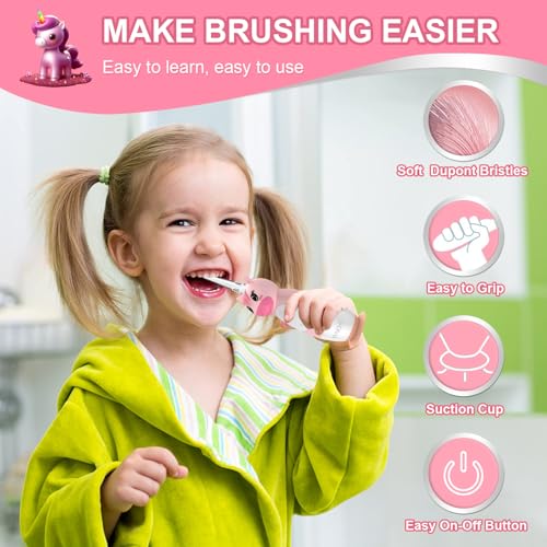 YUNCHI K3 Elektrische Zahnbürste Kinder ab 0-6 Jahre Baby mit buntem LED Licht Smart Timer Kinderzahnbürste Elektrisch Kleinkind Schallzahnbürste mit 4 Weiche Bürstenköpfe (Rosa Einhorn) – Bild 4
