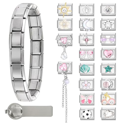 papasgix Italian Charm Bracelet Silver Set with 1pc Starter Brascelet 20pcs Assorted Charms 1pc Opening Tool 9mm Modular Italian Charm Bracelet Links Handmade DIY Jewelry