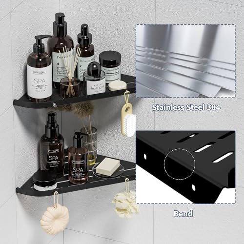 Étagère d'angle de douche Neodrain en acier inoxydable noir avec 2 crochets - 4