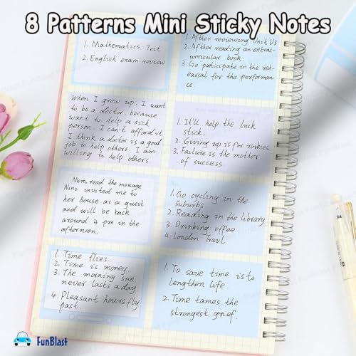 Image of FunBlast Sticky Notes Set - 256 Pcs Pull-Out With Dispenser, Self-Adhesive Memo Stickers, 8 Patterns Mini Pad for Office, School, Home (Blue)