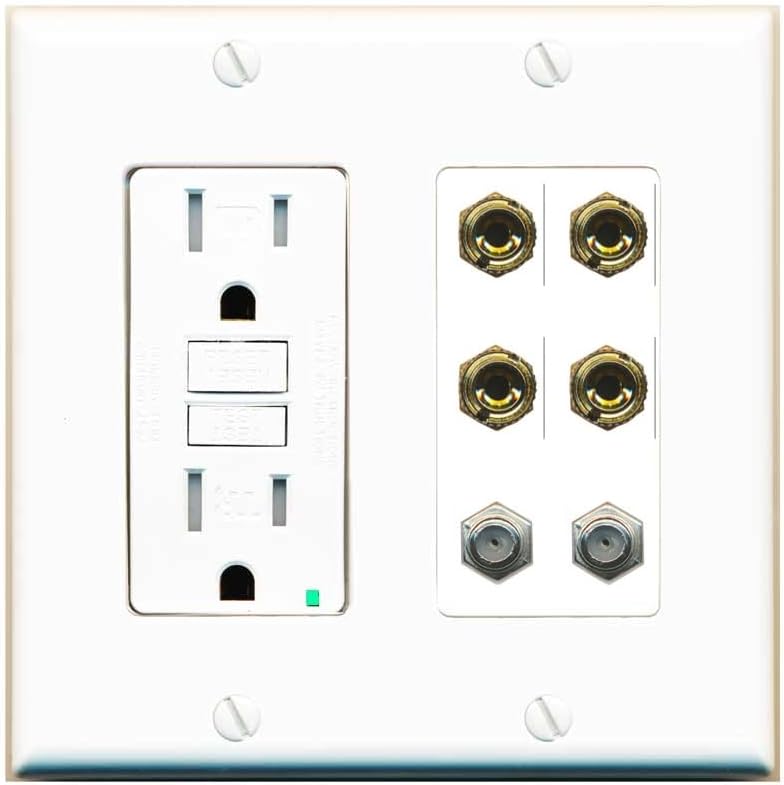 RiteAV 4 Port Banana 2 Speaker Binding Post 2 Coax Wall Plate - GFCI Outlet [Ivory/White]