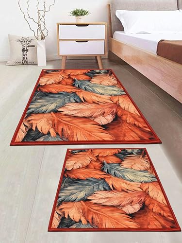 Image of Digital Printed Bathmat Set of 2 | Anti-Skid Mess Backing | Large & Small Combo | Water Absorbent, Quick Dry, Soft Floor Mat for Bathroom & Home Color - Floral Printed Orange and Grey