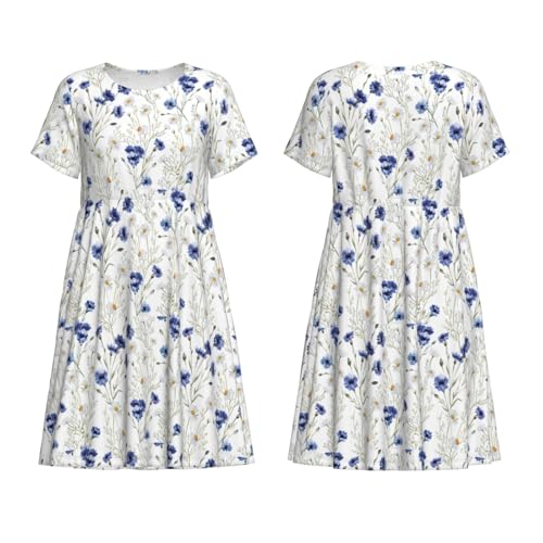 Robe d'été décontractée fleurs imprimées manches courtes col rond femme