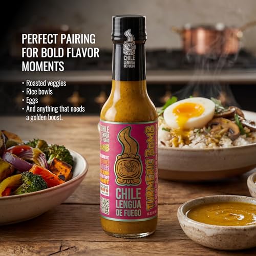 Image of Chile Lengua de Fuego Turmeric Bomb - Golden Turmeric & Scotch Bonnet Hot Sauce, Earthy & Bold, Small Batch, 5 oz Bottle (Pack of 3)