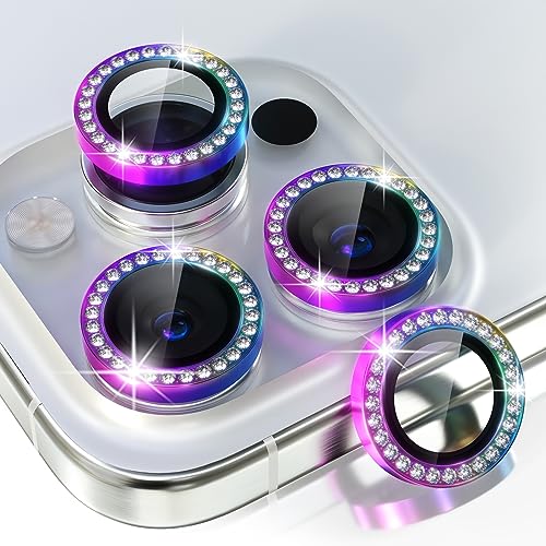 Image of Choiche Compatible for iPhone 15 Pro /iPhone 15 Pro Max Camera Lens Protector Bling, 9H Tempered Glass Camera Cover Screen Protector Metal Ring Decoration Accessories (Diamond-Colorful)