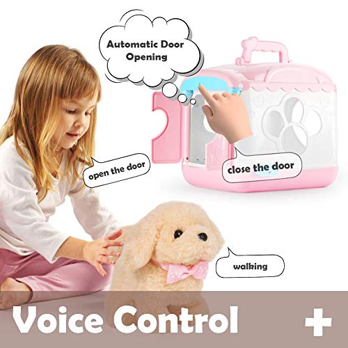 ZhanXiang Plush Electronic Toy Dog, Voice-Activated Carrier Dog House Care Pet Play Set. Walking, Barking, pet Toy Puppies and Accessories, for 3-6 Boys/Girls (Elina-Pink)