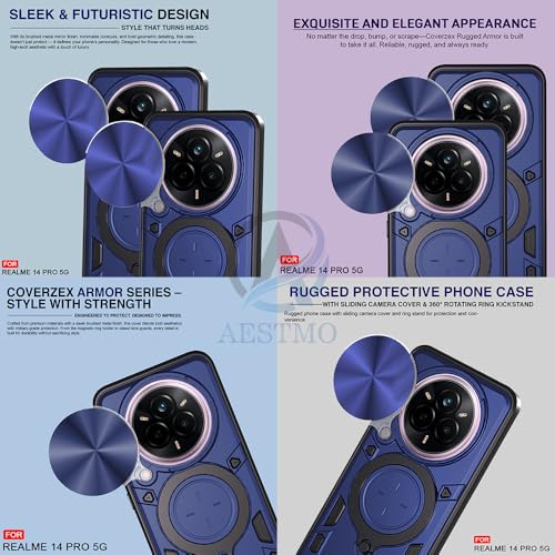 Image of AESTMO Armor Realme 14 Pro 5G Bumper Back Case Cover | Ring Holder & CD Pattern Sliding Camera Shutter Cover | Back Case Cover for Realme 14 Pro 5G (Blue)