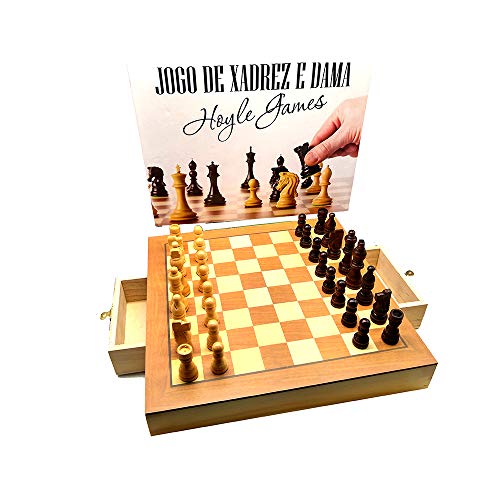 Jogo de xadrez e dama tabuleiro oficial em madeira com gaveta 39 X 39 X 5 cm