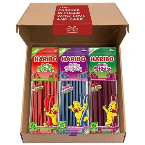 Jumbo Jumble Selection: Haribo Balla-Stixx Set (3er Pack) Vegetarisch & Gelatinefrei Fruchtgummi Konfekt Stangen: Erdbeere Kirsche & Himbeere Das fruchtige Nasch-Bundle (3 x 200g)