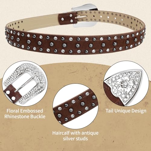 Women's Haircalf Leather Belt - Western Style with Floral Buckle & Studs for Jeans Pants2