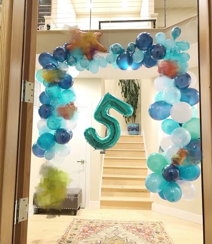 Image of Number Balloons Teal Blue 5 Balloon 40 inch for 5 Birthday Party Decoration | Saturated Color, Large 40 in, With Inflation Straw & Hanging Hole, Great for Men's Party, Back-To-School Season, Pool Party