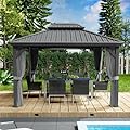Kozyard Caesar 10'x12' Hardtop Gazebo - Permanent Metal Pavilion with Netting and Shaded Curtains for Patio, Backyard, and Deck - Galvanized Steel Outdoor Aluminum Canopy, Double Roof Gazebo (Grey)