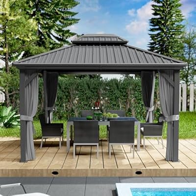 Kozyard Caesar 10'x12' Hardtop Gazebo - Permanent Metal Pavilion with Netting and Shaded Curtains for Patio, Backyard, and Deck - Galvanized Steel Outdoor Aluminum Canopy, Double Roof Gazebo (Grey)