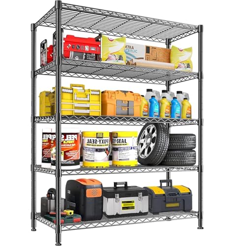 KZOBYD Lagereinheit mit 5 höhenverstellbaren Regalböden, 500 kg belastbar, Standregal aus Metall, 5 Ablage Schwerlastregal, Metallregal Küchenregal Garagenregal Lagerregal (Schwarz, 115 x 45 x 180 cm)