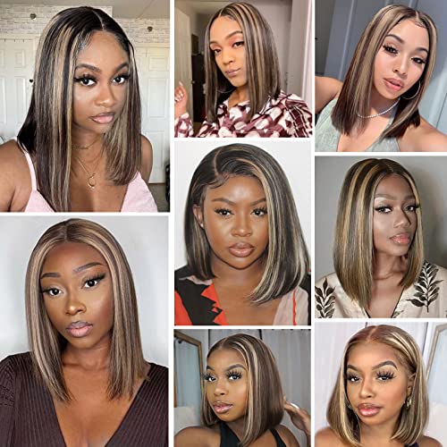 Pnex Highlight Bob Wigs Human Hair 13X4 Transparent Balayage Straight Lace Front Wigs Human Hair 150% Density Short Ombre Bob Wig Human Hair For Black Women Pre Plucked Natural Hairline (12Inch, Ab134-Wig-Balayage-St) #TOP5