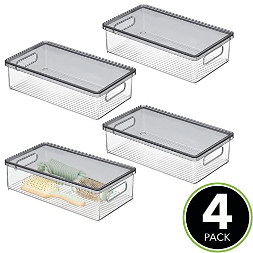 Mdesign Small Plastic Stackable Bathroom Cabinet Storage Bin Box With Handles/Lid, Drawer Stacking Organizer For Soap, Lotion, Towels, And Accessories, Ligne Collection, 4 Pack, Clear/Smoke Gray, 15 X 8.5 X 4.2 #TOP1