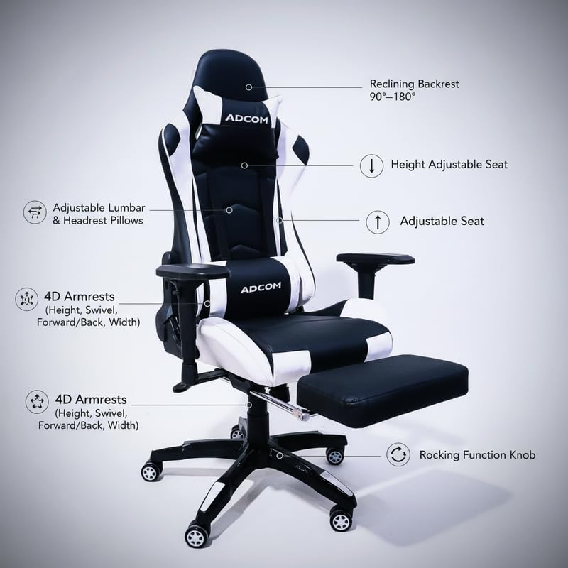 Image of Adcom Mutant Pro Adjustable Gaming Chair, PU Leather, 180 Recline, Ergonomic Neck & Lumbar Support, 4D Armrests with Footrest (Black & White)