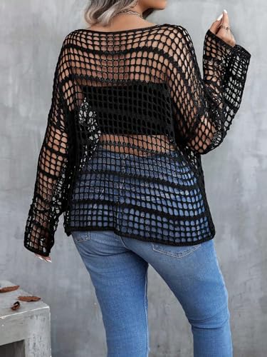 Women's Plus Size Off The Shoulder Tops Flounce Sleeve Hollow Out Crochet Lightweight Pullover Tops2