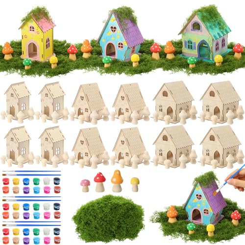 DoubleFill 12 Sets Wooden Fairy House Craft Kit for Kids