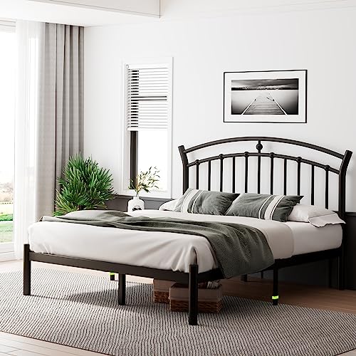 Ipormis Full Size Metal Platform Bed Frame With Vintage Headboard/Heavy Duty Steel Slats Support / 12 Inches Under-Bed Storage/No Box Spring Needed/Easy Assembly/Noise-Free, Black #TOP2