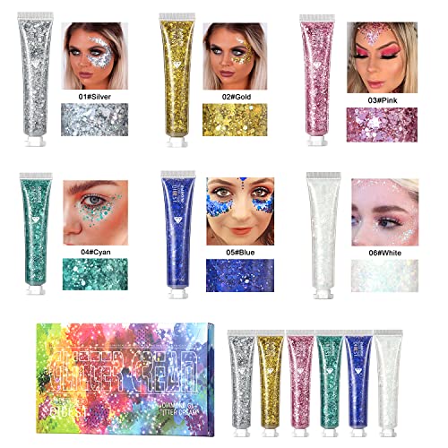 6 Colors Face Body Glitter Gel Set, Shimmer Chunky Glitters Cream For Eyes Hair Nails Makeup, Long Lasting Sparkling Mermaid Holographic Sequins Paste For Festival Art Party Halloween Makeup Gift Kit #TOP1