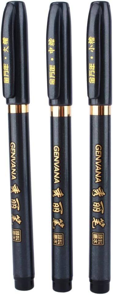 Dekaim 3Pcs Japanese Writing Pen, Fine Felt Tip Calligraphy Shodo Brush Ink Pen, Black, Refillable, Non-Toxic, Quick Drying