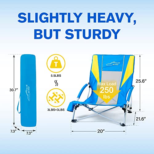 Fair Wind Beach Umbrella Chair, Beach Chairs For Adults, Low Shade Chair Folding Backpack Portable Concert Bag Sand Chair With Cup Holder - 2 Pack Yellow Blue #TOP3