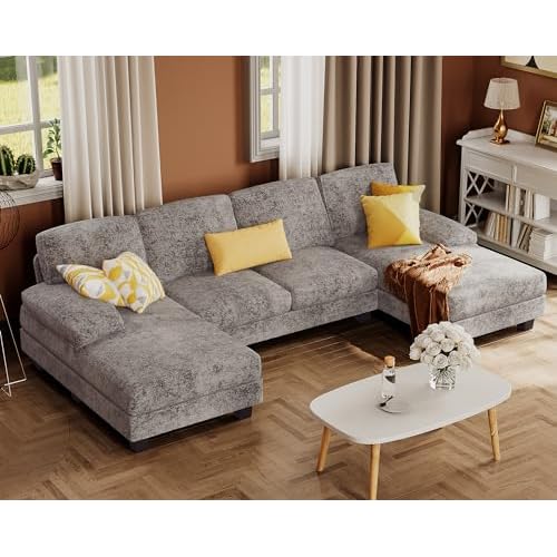 Furmax Sectional Couches for Living Room, U-Shaped Sofa Couch with Linen Fabric, 4 Seat Sofa Set with Double Chaise for Apartment (Fabric, Grey)