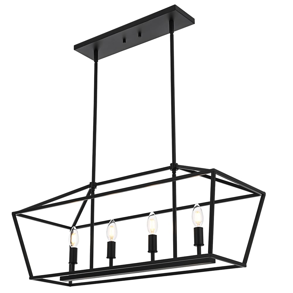 BONLICHT 4 Light Kitchen Island Linear Pendant Lighting Industrial Large Black Farmhouse Chandelier Modern Rectangle Dining Room Light