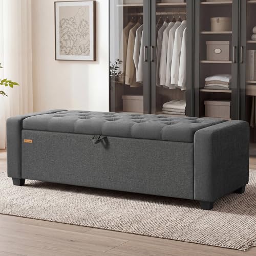 SONGMICS Storage Ottoman, Storage Chest Bench with Legs, End of Bed Bench with Safety Hinges, Pull Tab, for Living Room, Bedroom, 19.7 x 47.6 x 16.5 Inches, Linen-Look Fabric, Slate Gray ULOM511GN01