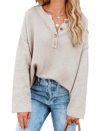 Saodimallsu Womens Oversized V Neck Batwing Long Sleeve Button Down Soft Fall Winter Cozy Chunky Knit Pullover Sweaters #TOP3