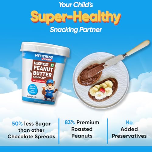 Image of MYFITNESS Peanut Butter Junior Chocolate Spread Crunchy 510g | Specially Made for Kids & Teens | Rich in Calcium, Iron, Vitamins & Minerals | Healthier Choco Spread for Breakfast, Snacks & Lunch Box