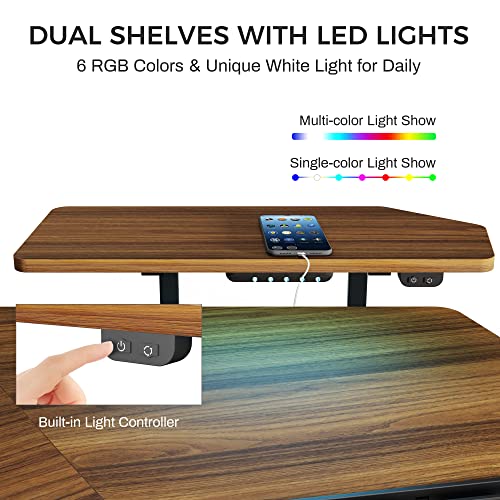 Eureka Ergonomic Standing Desk Keyboard Tray, Wing Shape, 72'' Large Studio Music Desk, Sit Stand Home Office Recording Work, Led Convertible Shelf, Electric Height Adjustable Dual Motor, Walnut Wood #TOP6