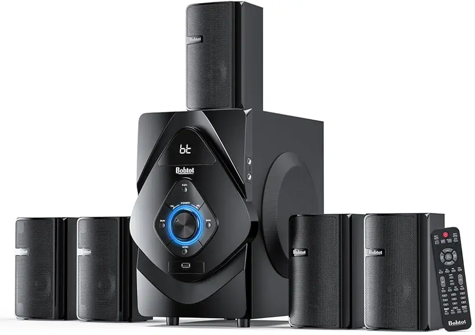 Sistema de Som Bobtot 5.1 Home Theater Preto, Potência de Pico de 800W, Amplificador Classe AB, Som Imersivo e Alta Fidelidade para Cinema em Casa