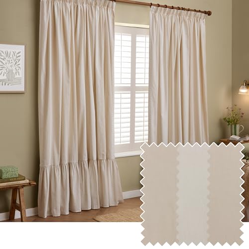 furn. Wylder Birdie Stripe Par De Cortinas Plisado De Lápiz – Cortinas Filtrado De Luz De Algodón con Rayas Y Volantes (Avena/Leche) – Ancho 117 x Largo 137cm