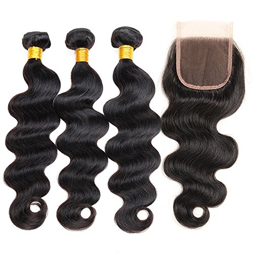 ZILING Hair Brazilian Virgin Body Wave Hair Bundles with Closure 8A 100% Unprocessed Brazilian Body Wave Human Hair Weft with Lace Closure (18 20 22 w 18 free part, Bundles+free part)