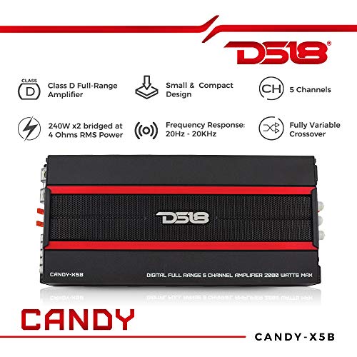 Ds18 Candy-X5B Amplifier In Black - Class D, 5 Channels, 2000 Watts Max, Digital, 1/2/4 Ohm, With Remote Subwoofer Level Controller - Compact Amplifier For Speakers In Car Audio System #TOP1