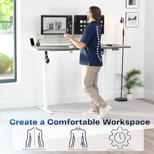 Image of VIVO Dark Gray 71 x 30 in Standing Desk, DESK-KIT-1W7G | Electric, Holds 220 lbs, Sit Stand, Height Adjustable, Extra Deep Table Top, Memory Presets, 1B Series, White Frame