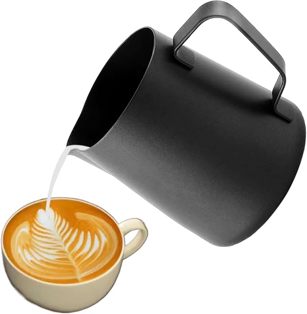 CACAKEE Milk Jug, Milk Frothing Pitcher Stainless Steel Espresso Steaming Jug, [Dishwasher Safe], 12OZ/350ML Coffee Milk Frother Jug for Cappuccino Latte and Espresso, Matte Black