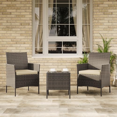 Image of GAOMON 3-Piece Patio Furniture Set, Modern PE Rattan Conversation Set with 2 Chairs & Tempered Glass Coffee Table, All-Weather Outdoor Seating for Garden, Porch, Balcony, Poolside
