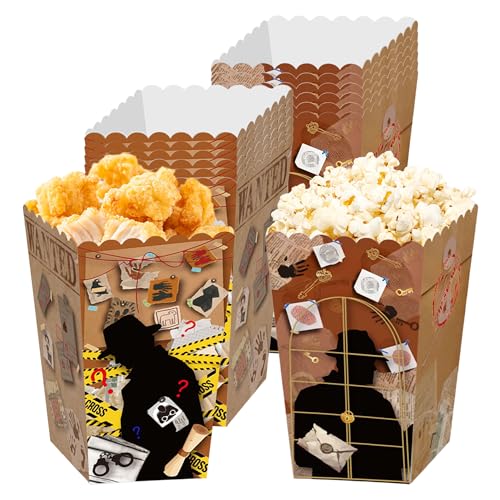 12Pcs Detective Popcorn Boxes Secret Spy Goodie Boxes Detective Birthday Party Favors Gift Bags Candy Box Mystery Party Supplies Table Decorations