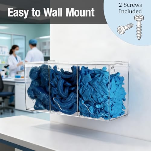 Image of Hairnet Dispenser and Glove Holder Wall Mount - 3 Compartments Acrylic Hygiene Dispenser Station with Lid for Shoe Covers, Safety Glasses, Earplugs, Beard Nets, Dishwasher Pods, Clear