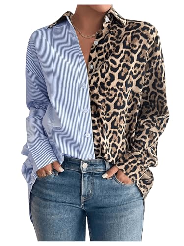 Women's Colorblock Striped Leopard Shirt Button Down Cheetah Shirt Long Sleeve Drop Shoulder Blouse