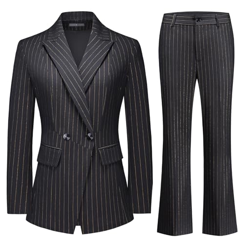 Lamgool Women's Pinstrip Suit Gold Lines 2 Pieces Slim Fit Business Blazer Flared Pants Set for Work